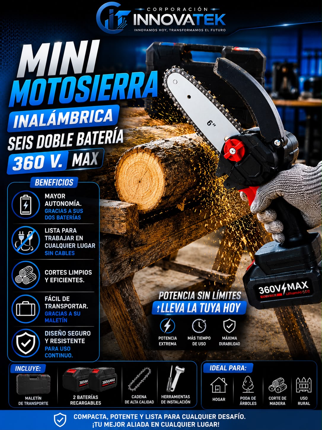 MINI MOTOSIERRA INALAMBRICA SEIS DOBLE BATERIA 360 V. MAX